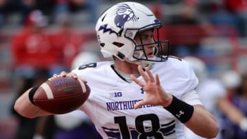 LINCOLN, NE - NOVEMBER 04: Quarterback Clayton Thorson #18 of the Northwestern Wildcats warms up before the game against the Nebraska Cornhuskers at Memorial Stadium on November 4, 2017 in Lincoln, Nebraska. (Photo by Steven Branscombe/Getty Images)