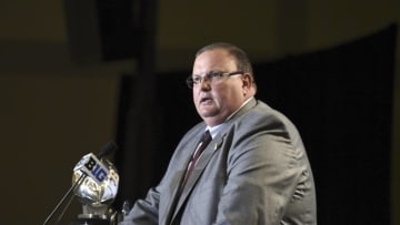 Jul 25, 2016; Chicago, IL, USA; Minnesota Golden Gophers head coach Tracy Claeys addresses the media during the Big Ten football media day at the Hyatt Regency. Mandatory Credit: David Banks-USA TODAY Sports