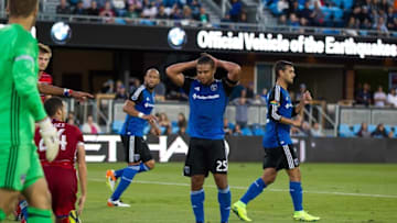 Jul 8, 2016; San Jose, CA, USA; San Jose Earthquakes forward Quincy Amarikwa (25) rects after a shot against FC Dallas goalkeeper Chris Seitz (18) during the first half at Avaya Stadium. Mandatory Credit: Kelley L Cox-USA TODAY Sports