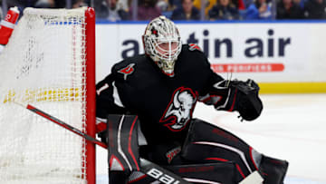 Dec 29, 2022; Buffalo, New York, USA; Buffalo Sabres goaltender Ukko-Pekka Luukkonen (1) looks for the puck during the third period against the Detroit Red Wings at KeyBank Center. Mandatory Credit: Timothy T. Ludwig-USA TODAY Sports
