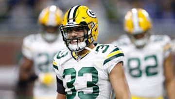 Jan 1, 2017; Detroit, MI, USA; Green Bay Packers strong safety Micah Hyde (33) smiles before the game against the Detroit Lions at Ford Field. Packers won 31-24. Mandatory Credit: Raj Mehta-USA TODAY Sports