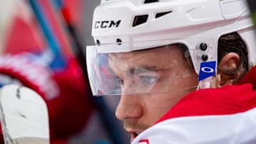 DETROIT, MI - APRIL 05: Jonathan Drouin #92 of the Montreal Canadiens watches the action from the bench against the Detroit Red Wings during an NHL game at Little Caesars Arena on April 5, 2018 in Detroit, Michigan. The Canadiens defeated the Wings 4-3. (Photo by Dave Reginek/NHLI via Getty Images) *** Local Caption *** Jonathan Drouin