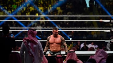 Randy Orton (C) stands over his opponent during the WWE World Cup Quarterfinal match as part of as part of the World Wrestling Entertainment (WWE) Crown Jewel pay-per-view at the King Saud University Stadium in Riyadh on November 2, 2018. (Photo by Fayez Nureldine / AFP) (Photo credit should read FAYEZ NURELDINE/AFP/Getty Images)