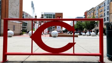 CINCINNATI - JULY 21: Cincinnati Reds logo-fence and baseball sculptures sits outside Great American Ball Park, home of the Cincinnati Reds baseball team in Cincinnati, Ohio on July 21, 2017. (Photo By Raymond Boyd/Getty Images)