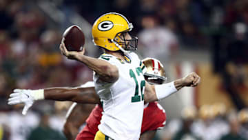 SANTA CLARA, CALIFORNIA - NOVEMBER 24: Quarterback Aaron Rodgers #12 of the Green Bay Packers passes during the game against the San Francisco 49ers at Levi's Stadium on November 24, 2019 in Santa Clara, California. (Photo by Ezra Shaw/Getty Images)