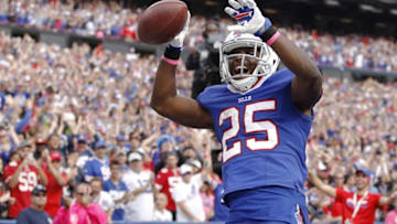 Oct 16, 2016; Orchard Park, NY, USA; Buffalo Bills running back LeSean McCoy (25) celebrates after scoring a touchdown during the second half against the San Francisco 49ers at New Era Field. Buffalo beat San Francisco 45-16. Mandatory Credit: Kevin Hoffman-USA TODAY Sports