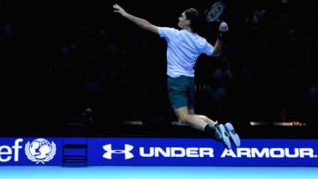 GLASGOW, SCOTLAND - NOVEMBER 07: Roger Federer in action during his match against Andy Murray during Andy Murray Live at The Hydro on November 7, 2017 in Glasgow, Scotland. (Photo by Mark Runnacles/Getty Images for Andy Murray Live)
