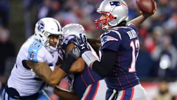 FOXBOROUGH, MA - JANUARY 13: Tom Brady #12 of the New England Patriots makes a pass during the AFC Divisional Playoff game against the Tennessee Titans at Gillette Stadium on January 13, 2018 in Foxborough, Massachusetts. (Photo by Maddie Meyer/Getty Images)