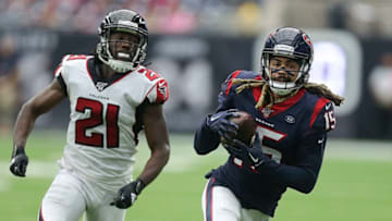 HOUSTON, TEXAS - OCTOBER 06: Will Fuller #15 of the Houston Texans catches a pass for a touchdown as Desmond Trufant #21 of the Atlanta Falcons is unable to make the tackle during the second half at NRG Stadium on October 06, 2019 in Houston, Texas. (Photo by Bob Levey/Getty Images)