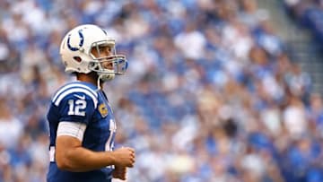Sep 11, 2016; Indianapolis, IN, USA; Indianapolis Colts quarterback Andrew Luck (12) looks on in the first half against the Detroit Lions at Lucas Oil Stadium. Mandatory Credit: Aaron Doster-USA TODAY Sports