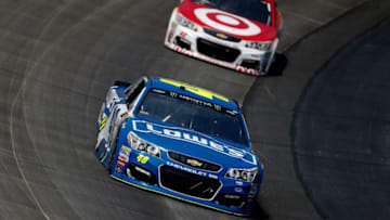DOVER, DE - JUNE 04: Jimmie Johnson, driver of the #48 Lowe's Chevrolet, leads Kyle Larson, driver of the #42 Target Chevrolet, during the Monster Energy NASCAR Cup Series AAA 400 Drive for Autism at Dover International Speedway on June 4, 2017 in Dover, Delaware. (Photo by Matt Hazlett/Getty Images)