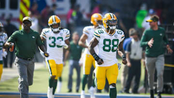 LOS ANGELES, CA - OCTOBER 28: Running back Ty Montgomery #88 of the Green Bay Packers leads the team as they take the field at Los Angeles Memorial Coliseum on October 28, 2018 in Los Angeles, California. (Photo by John McCoy/Getty Images)