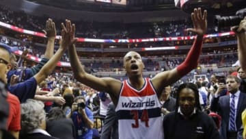 Apr 24, 2015; Washington, DC, USA; Washington Wizards forward Paul Pierce (34) celebrates with fans while leaving the court after the Wizards