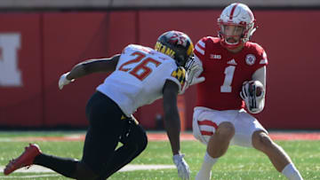 LINCOLN, NE - NOVEMBER 19: Wide receiver Jordan Westerkamp #1 of the Nebraska Cornhuskers avoids a tackle from defensive back Darnell Savage Jr. #26 of the Maryland Terrapins at Memorial Stadium on November 19, 2016 in Lincoln, Nebraska. Nebraska defeated Maryland 28-7. (Photo by Steven Branscombe/Getty Images)