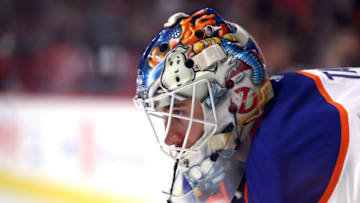 CHICAGO, IL - FEBRUARY 18: Edmonton Oilers goalie Cam Talbot (33) wearing a goalie mask with Ghost Busters art work on it, looks on during the third second of a game between the Edmonton Oilers and the Chicago Blackhawks on February 18, 2017, at the United Center in Chicago, IL. The Edmonton Oilers defeated the Chicago Blackhawks by the score of 3-1. (Photo by Robin Alam/Icon Sportswire via Getty Images)