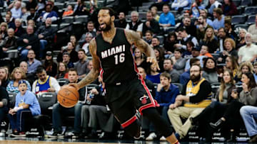 Nov 30, 2016; Denver, CO, USA; Miami Heat forward James Johnson (16) controls the ball in the third quarter against the Denver Nuggets at the Pepsi Center. Mandatory Credit: Isaiah J. Downing-USA TODAY Sports