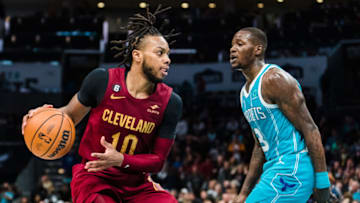 CHARLOTTE, NORTH CAROLINA - MARCH 12: Terry Rozier #3 of the Charlotte Hornets guards Darius Garland #10 of the Cleveland Cavaliers in the fourth quarter during their game at Spectrum Center on March 12, 2023 in Charlotte, North Carolina. NOTE TO USER: User expressly acknowledges and agrees that, by downloading and or using this photograph, User is consenting to the terms and conditions of the Getty Images License Agreement. (Photo by Jacob Kupferman/Getty Images)