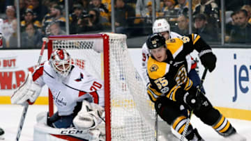 BOSTON, MA - DECEMBER 14: Boston Bruins right wing Noel Acciari (55) beats Washington Capitals defenseman Christian Djoos (29) and tries the wrap around on Washington Capitals goalie Braden Holtby (70) during a game between the Boston Bruins and the Washington Capitals on December 14, 2017, at TD Garden in Boston, Massachusetts. The Capitals defeated the Bruins 5-3. (Photo by Fred Kfoury III/Icon Sportswire via Getty Images)
