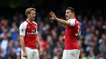 LONDON, ENGLAND - SEPTEMBER 17: Nacho Monreal of Arsenal talks to Sead Kolasinac of Arsenal during the Premier League match between Chelsea and Arsenal at Stamford Bridge on September 17, 2017 in London, England. (Photo by Catherine Ivill - AMA/Getty Images)