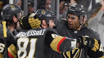 LAS VEGAS, NEVADA - OCTOBER 28: Jonathan Marchessault #81 of the Vegas Golden Knights celebrates with teammate Pierre-Edouard Bellemare #41 after Marchessault scored on a penalty shot in overtime to defeat the Ottawa Senators 4-3 during their game at T-Mobile Arena on October 28, 2018 in Las Vegas, Nevada. (Photo by Ethan Miller/Getty Images)
