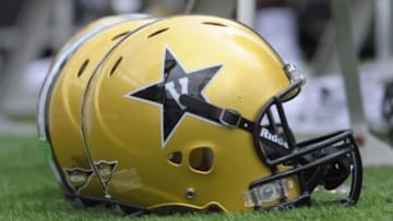 Sep 21, 2013; Foxborough, MA, USA; A Vanderbilt Commodores helmet rests on the field during the first half against the Massachusetts Minutemen at Gillette Stadium. Mandatory Credit: Bob DeChiara-USA TODAY Sports