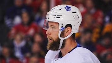 Jake Muzzin #8 of the Toronto Maple Leafs in action against the Calgary Flames during an NHL game at Scotiabank Saddledome. (Photo by Derek Leung/Getty Images)