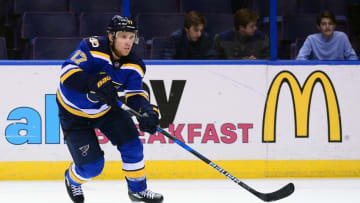 Nov 15, 2016; St. Louis, MO, USA; St. Louis Blues left wing Jaden Schwartz (17) handles the puck against the Buffalo Sabres during the first period at Scottrade Center. The Blues won 4-1. Mandatory Credit: Jeff Curry-USA TODAY Sports