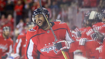 WASHINGTON, DC - NOVEMBER 05: Devante Smith-Pelly #25 of the Washington Capitals reacts after scoring against the Edmonton Oilers during the first period at Capital One Arena on November 5, 2018 in Washington, DC. (Photo by Will Newton/Getty Images)