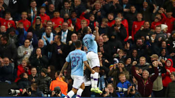 MANCHESTER, ENGLAND - OCTOBER 01: Raheem Sterling of Manchester City celebrates after scoring his team's first goal during the UEFA Champions League group C match between Manchester City and Dinamo Zagreb at Etihad Stadium on October 01, 2019 in Manchester, United Kingdom. (Photo by Clive Brunskill/Getty Images)