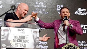NEW YORK, NY - SEPTEMBER 20: Conor McGregor shares his Irish Whiskey with UFC President Dana White during the UFC 229 Press Conference at Radio City Music Hall on September 20, 2018 in New York City. (Photo by Steven Ryan/Getty Images)