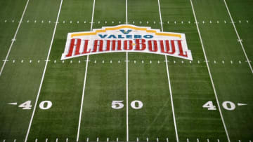 Jan 2, 2016; San Antonio, TX, USA; General view of the Valero Alamo Bowl logo at midfield before the 2016 Alamo Bowl between the TCU Horned Frogs and the Oregon Ducks at Alamodome. Mandatory Credit: Kirby Lee-USA TODAY Sports