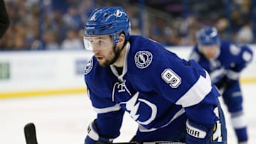 May 18, 2016; Tampa, FL, USA; Tampa Bay Lightning center Tyler Johnson (9) during the third period of game three of the Eastern Conference Final of the 2016 Stanley Cup Playoffs at Amalie Arena. Pittsburgh Penguins defeated the Tampa Bay Lightning 4-2. Mandatory Credit: Kim Klement-USA TODAY Sports