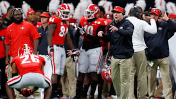 ATLANTA, GA - JANUARY 08: Head coach Kirby Smart of the Georgia Bulldogs reacts to a play during the second quarter against the Alabama Crimson Tide in the CFP National Championship presented by AT&T at Mercedes-Benz Stadium on January 8, 2018 in Atlanta, Georgia. (Photo by Kevin C. Cox/Getty Images)