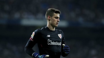 MADRID, SPAIN - APRIL 18: Goalkeeper Kepa Arrizabalaga of Athletic Club in action during the La Liga match between Real Madrid CF and Athletic Club de Bilbao at Estadio Santiago Bernabeu on April 18, 2018 in Madrid, Spain. (Photo by Gonzalo Arroyo Moreno/Getty Images)