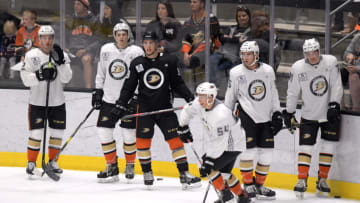 IRVINE, CA - JUNE 29: Anaheim Ducks players on the ice during an Anaheim Ducks Development Camp game held on June 29, 2019 at FivePoint Arena at the Great Park Ice in Irvine, CA. (Photo by John Cordes/Icon Sportswire via Getty Images)