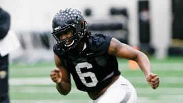 Purdue wide receiver Maliq Carr runs a drill during a football practice, Monday, Feb. 24, 2020 in West Lafayette.Purdue Spring Football Practice