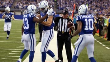 Nov 30, 2014; Indianapolis, IN, USA; Indianapolis Colts tight end Coby Fleener (80) is congratulated by wide receiver T.Y. Hilton (13) after catching a touchdown pass against the Washington Redskins at Lucas Oil Stadium. Mandatory Credit: Brian Spurlock-USA TODAY Sports