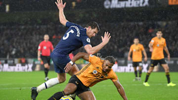 WOLVERHAMPTON, ENGLAND - DECEMBER 15: Jan Vertonghen of Tottenham Hotspur battles for possession with Adama Traore of Wolverhampton Wanderers during the Premier League match between Wolverhampton Wanderers and Tottenham Hotspur at Molineux on December 15, 2019 in Wolverhampton, United Kingdom. (Photo by Michael Regan/Getty Images)