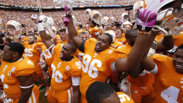 KNOXVILLE, TN - OCTOBER 19: Tennessee Volunteers players celebrate after the game against the South Carolina Gamecocks at Neyland Stadium on October 19, 2013 in Knoxville, Tennessee. Tennessee won 23-21. (Photo by Joe Robbins/Getty Images)