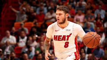 MIAMI, FL - OCTOBER 24: Tyler Johnson #8 of the Miami Heat handles the ball against the New York Knicks on October 24, 2018 at American Airlines Arena in Miami, Florida. NOTE TO USER: User expressly acknowledges and agrees that, by downloading and/or using this photograph, User is consenting to the terms and conditions of the Getty Images License Agreement. Mandatory Copyright Notice: Copyright 2018 NBAE (Photo by Issac Baldizon/NBAE via Getty Images)