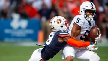 Auburn football defensive back Nehemiah Pritchett (18) defends against Penn State Nittany Lions wide receiver Mitchell Tinsley (5) as Auburn Tigers take on Penn State Nittany Lions at Jordan-Hare Stadium in Auburn, Ala., on Saturday, Sept. 17, 2022.Aupsu05