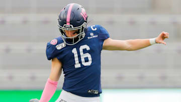 ORLANDO, FLORIDA - DECEMBER 21: Tyler Bass #16 of the Georgia Southern Eagles kicks the ball off during the second quarter of the 2019 Cure Bowl against the Liberty Flames at Exploria Stadium on December 21, 2019 in Orlando, Florida. (Photo by James Gilbert/Getty Images)