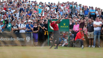 USA's Tiger Woods tees off the 9th during day four of The Open Championship 2018 at Carnoustie Golf Links, Angus. (Photo by David Davies/PA Images via Getty Images)