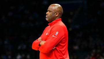 Mar 16, 2022; Charlotte, North Carolina, USA; Atlanta Hawks head coach Nate McMillan head coach Nate McMillan during the second half against the Charlotte Hornets at the Spectrum Center. Mandatory Credit: Jim Dedmon-USA TODAY Sports