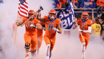 BOISE, ID - OCTOBER 19: Safety Kekoa Nawahine #10 of the Boise State Broncos leads the team onto the field prior to the start of first half action against the Colorado State Rams on October 19, 2018 at Albertsons Stadium in Boise, Idaho. (Photo by Loren Orr/Getty Images)