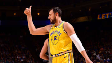 OAKLAND, CA - MARCH 21: Andrew Bogut #12 of the Golden State Warriors reacts to a play during the game against the Indiana Pacers on March 21, 2019 at ORACLE Arena in Oakland, California. NOTE TO USER: User expressly acknowledges and agrees that, by downloading and or using this photograph, user is consenting to the terms and conditions of Getty Images License Agreement. Mandatory Copyright Notice: Copyright 2019 NBAE (Photo by Noah Graham/NBAE via Getty Images)