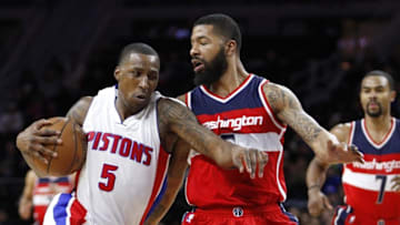 Apr 8, 2016; Auburn Hills, MI, USA; Detroit Pistons guard Kentavious Caldwell-Pope (5) drives to the basket against Washington Wizards forward Markieff Morris (5) during the third quarter at The Palace of Auburn Hills. Pistons win 112-99. Mandatory Credit: Raj Mehta-USA TODAY Sports