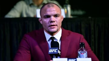 LAS VEGAS, NEVADA - JANUARY 31: Anthony Smith speaks to the media during the UFC 235 Press Conference inside the David Copperfield Theater at MGM Grand on January 31, 2019 in Las Vegas, Nevada. (Photo by Chris Unger/Zuffa LLC/Zuffa LLC via Getty Images)