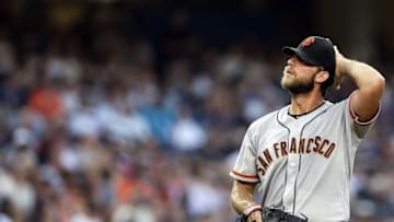 Jul 22, 2016; Bronx, NY, USA; San Francisco Giants starting pitcher Madison Bumgarner (40) reacts during the second inning of an inter-league baseball game against the San Francisco Giants at Yankee Stadium. Mandatory Credit: Adam Hunger-USA TODAY Sports