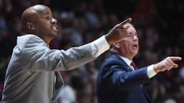 Nov 16, 2019; Blacksburg, VA, USA; Virginia Tech Hokies assistant coach Chester Frazier instructs his team during the game against the Lehigh Mountain Hawks at Cassell Coliseum. Mandatory Credit: Michael Shroyer-USA TODAY Sports